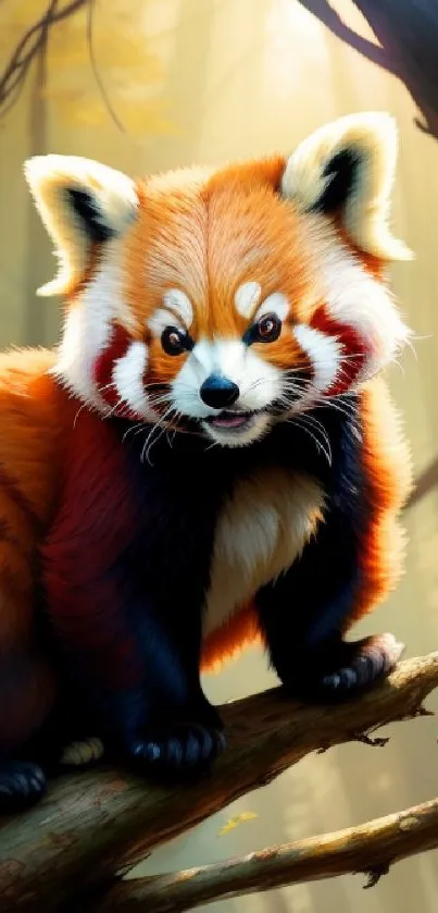 Realistic red panda on a tree branch in a serene forest setting.