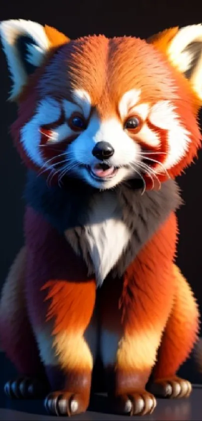 3D illustrated red panda with vibrant orange fur on a dark background.