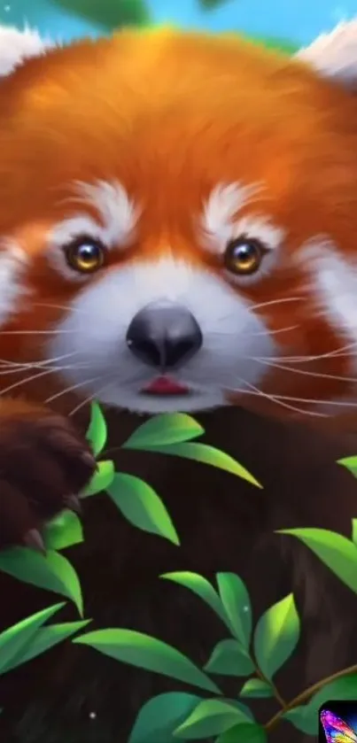 Cute red panda with green leaves and a vibrant background.