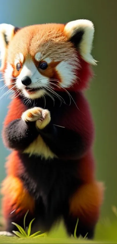 Cute red panda standing with green background.