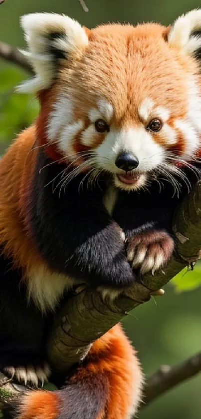 Playful red panda on a tree with vibrant colors.