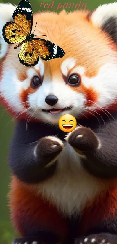 Adorable red panda holding an emoji, with butterfly on head.