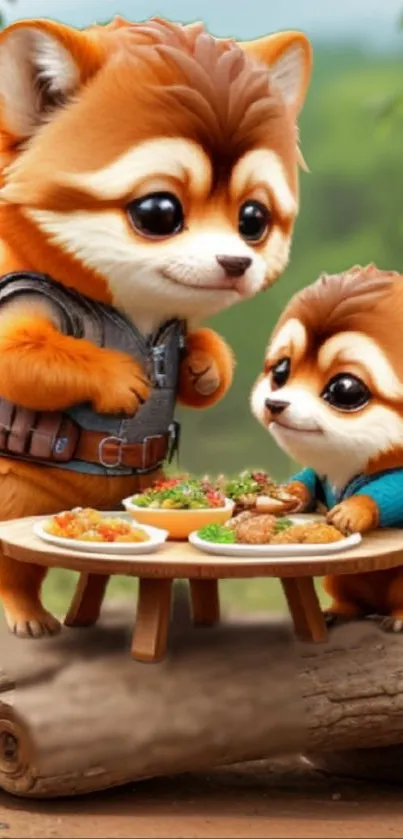 Cute illustration of red pandas dining in nature.