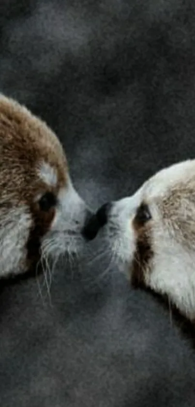 Two red pandas nuzzling with dark blurred background.