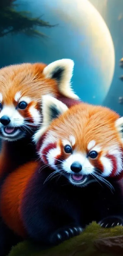 Two cute red pandas in a mystical forest scene, perfect for mobile wallpaper.