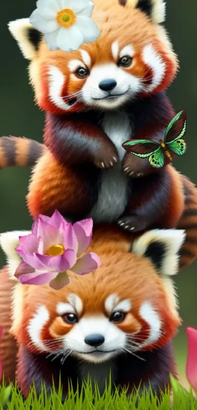 Cute red pandas with flowers and green background.