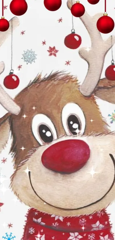 Adorable reindeer wallpaper with red ornaments and snowflakes in Christmas theme.