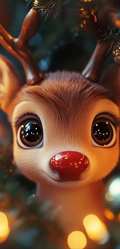 Animated reindeer with Christmas lights and festive atmosphere.