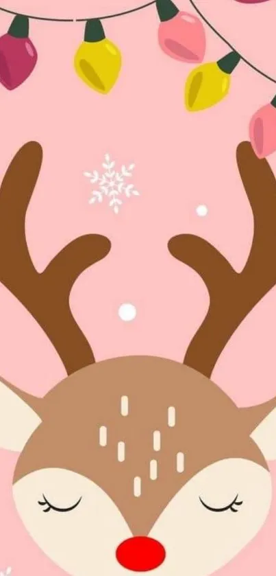 Cute reindeer with colorful lights on pink background.