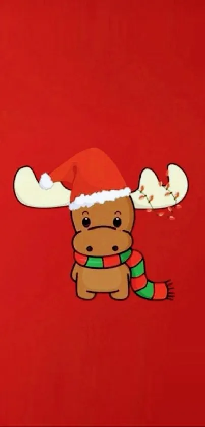 Cute reindeer with Santa hat on festive red background.