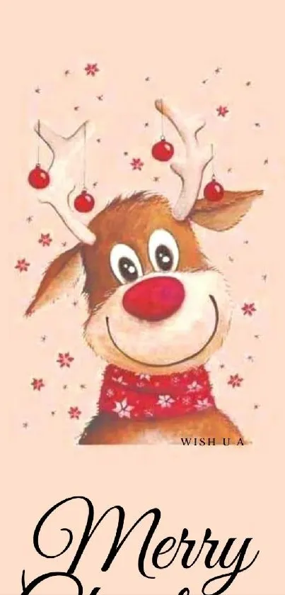 Cheerful cartoon reindeer with festive ornaments on pink background.