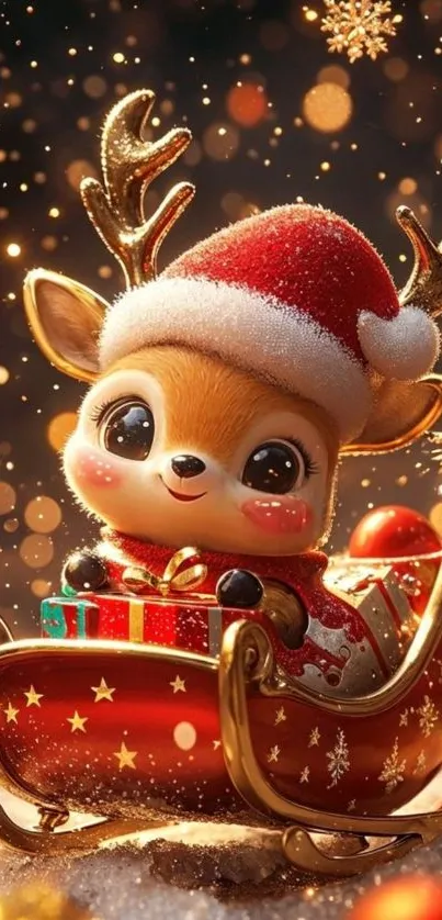 Cute reindeer in a sleigh with gifts and Christmas decor.