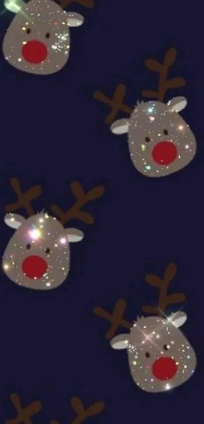 Cute reindeer heads with sparkles on a dark blue phone wallpaper.