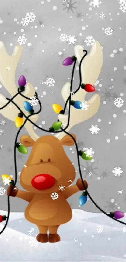 Cute reindeer tangled in colorful Christmas lights on a snowy background.