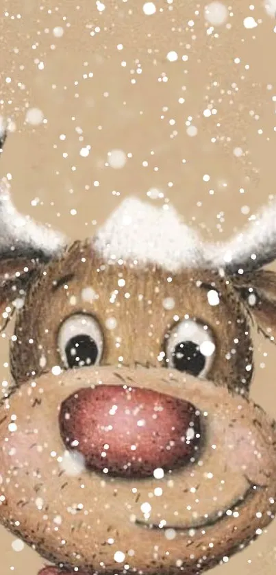 Cute reindeer with antlers in snow.