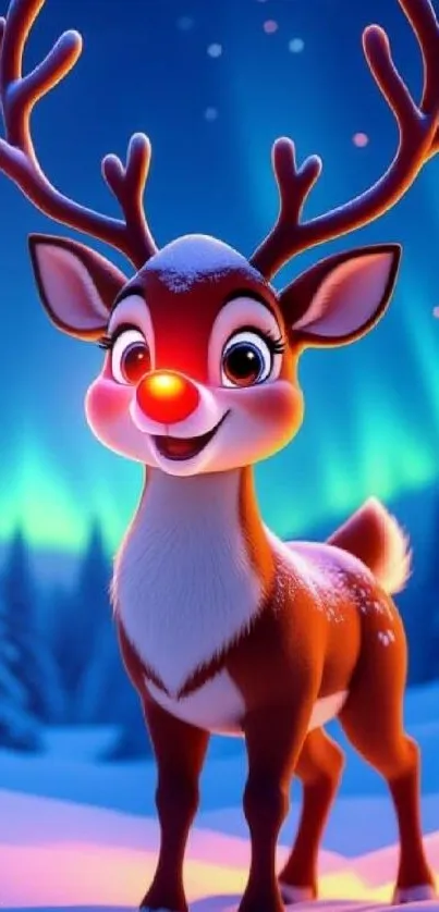 Cartoon reindeer with red nose in snowy winter scene.