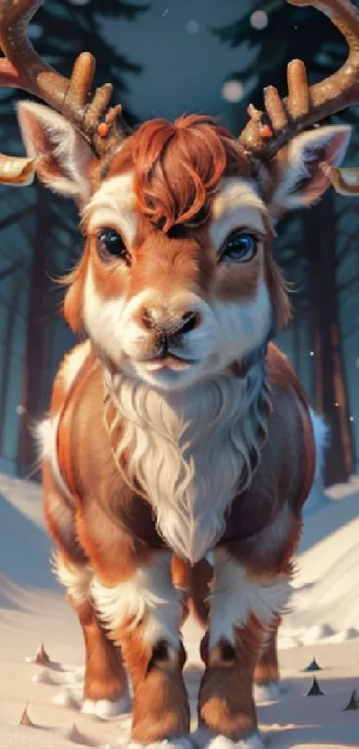 Adorable reindeer in snowy forest wallpaper for mobile.