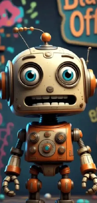 Cute retro robot with colorful background art.