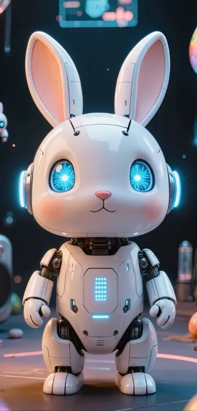 Adorable futuristic robot bunny with glowing eyes.