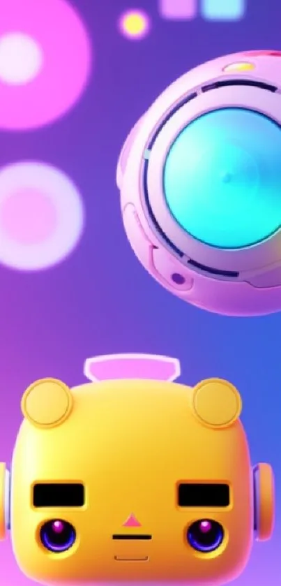 Cute cartoon robot with neon circles on a purple background.