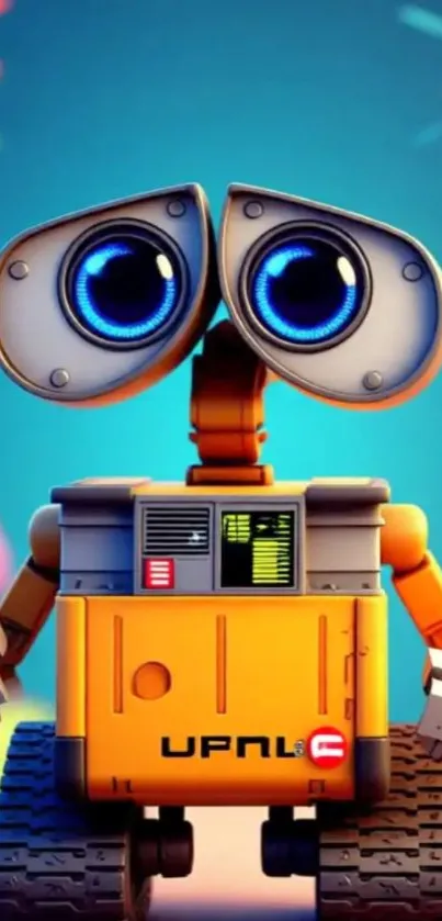 Cute animated robot with big eyes on colorful background.