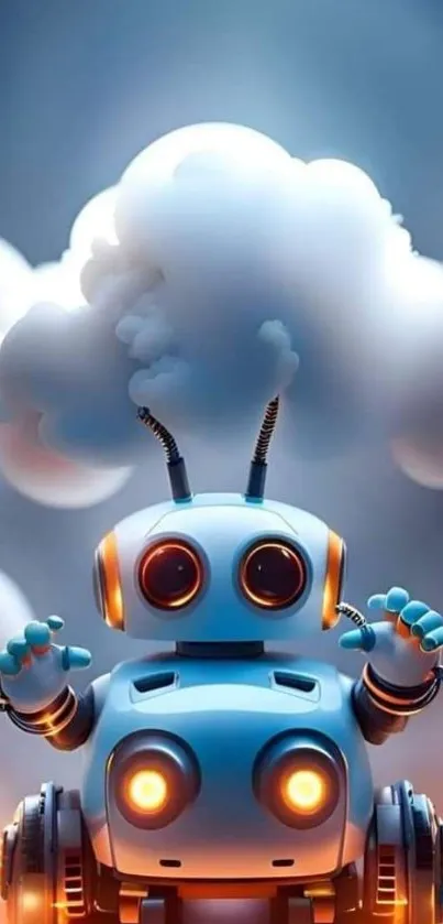 Cute robot with cloud background art.