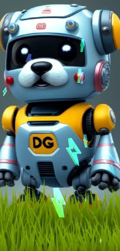 Cute robot dog standing on green grass, vibrant digital art.