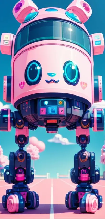 Cute robot with pink and blue colors on a fantasy-inspired background.