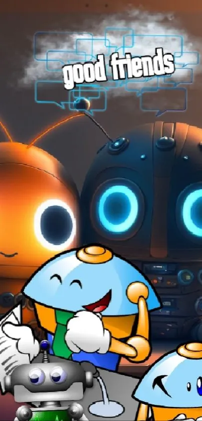 Cute robots with glowing eyes say 'good friends' in a cozy tech setup.