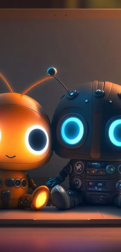 Adorable robots with glowing blue eyes on a dark background, perfect for mobile wallpaper.