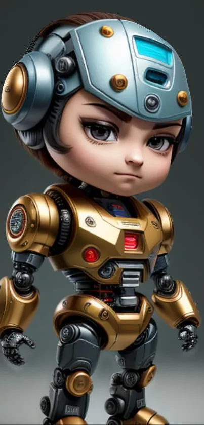 Cute futuristic robot with metallic features standing on a dark background.