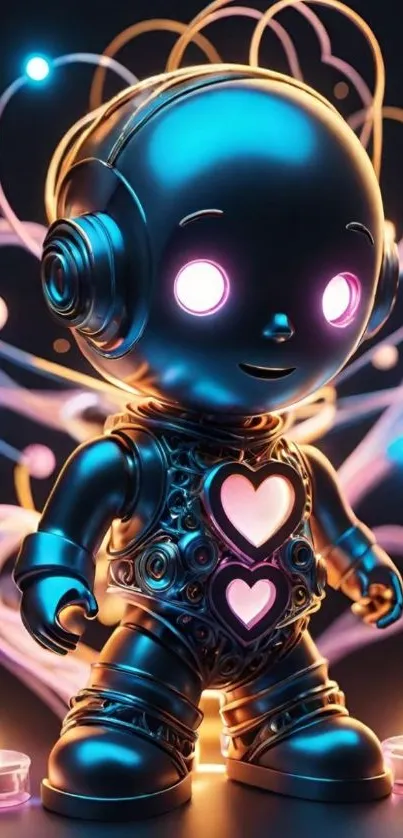 A cute robot with glowing hearts and candles, set against a vibrant background.