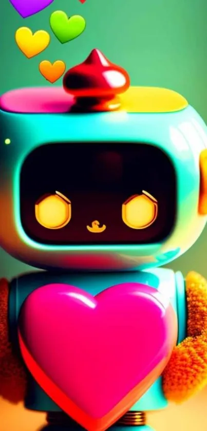 Colorful robot with heart design, vibrant phone wallpaper.