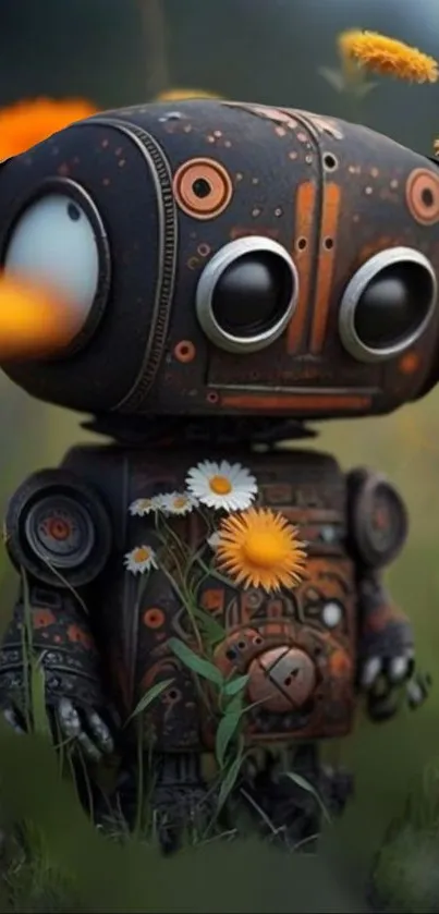 Cute robot standing in a colorful field of flowers, creating a whimsical scene.