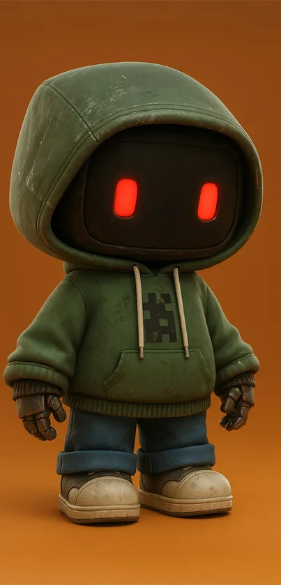 Cute robot in green hoodie with glowing red eyes on orange background.