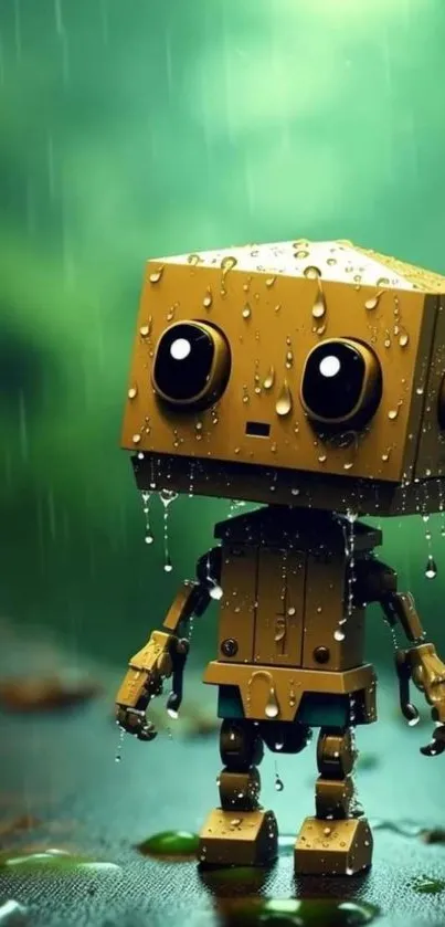 Cute cartoon robot in the rain with a green background.