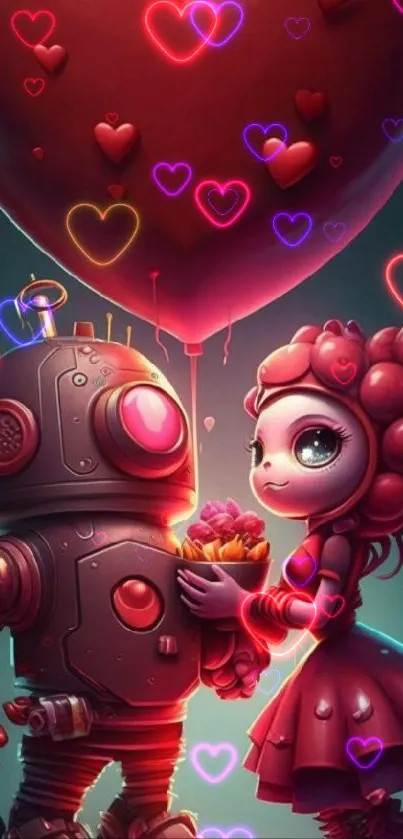 Cute robot giving flowers to a girl with a red heart balloon overhead.