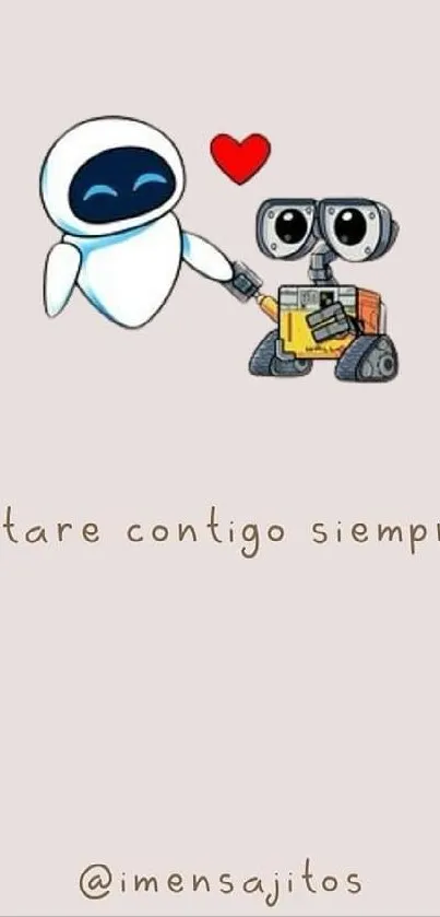 Cute robots with heart and quote on beige background.