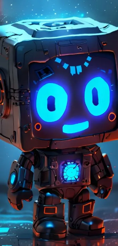 Charming neon robot with glowing blue face set in a futuristic digital world.