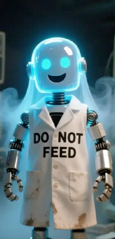 Cute robot scientist in a futuristic setting.