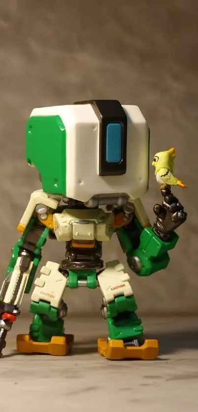 Adorable robot toy with green accents on neutral background for mobile wallpaper.