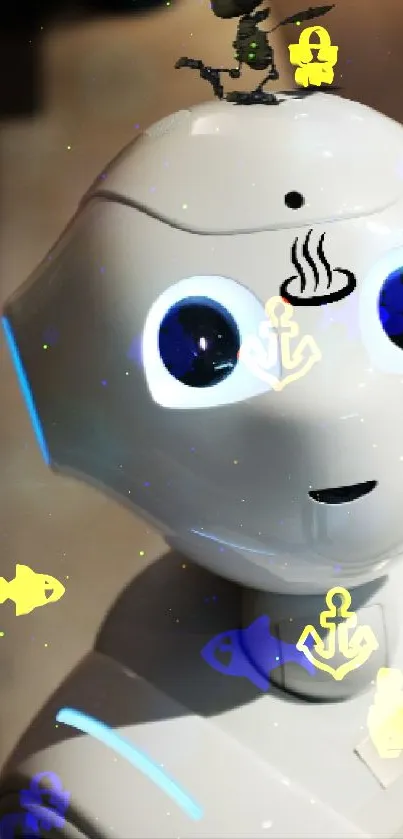 Friendly humanoid robot with glowing eyes.