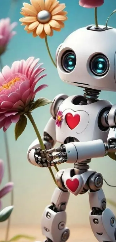 Cute robot holding flowers in a whimsical garden setting.