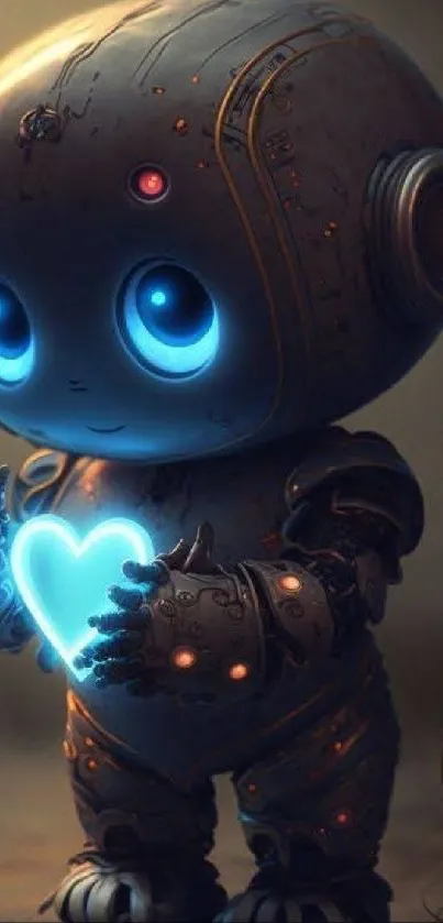 Adorable robot with blue glowing heart.