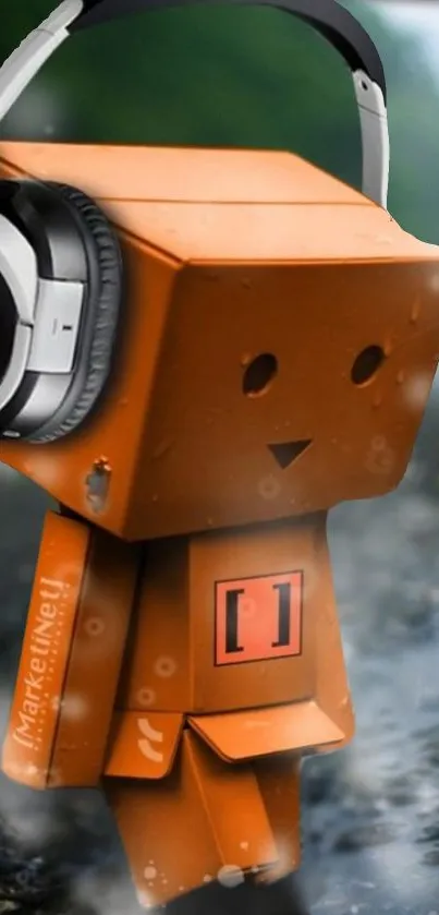 Cute orange robot wearing headphones on a rainy day scene with pebbles.