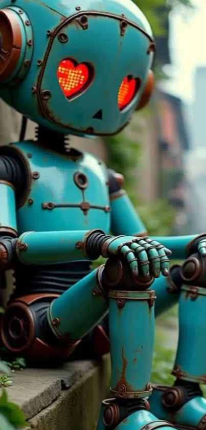 Cute blue robot with heart-shaped eyes sitting outdoors.