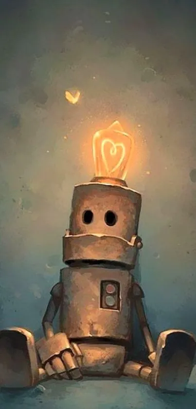 Whimsical robot with heart-shaped bulb glowing on dark background.