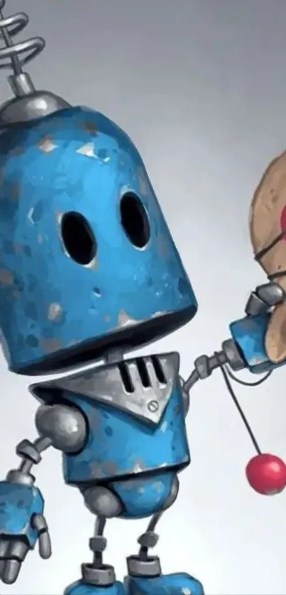 Cute blue robot with a toy paddle illustration.