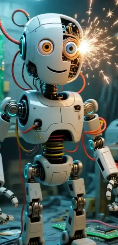 A cute robot in a busy workshop setting.