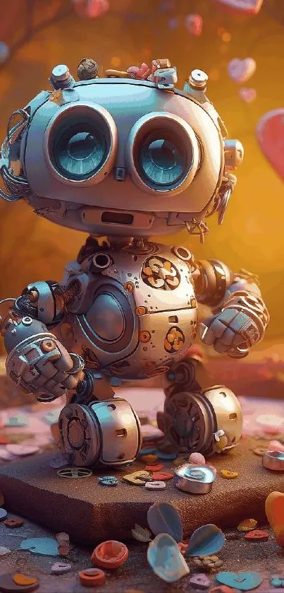 Cute robot surrounded by colorful hearts in a vibrant setting.
